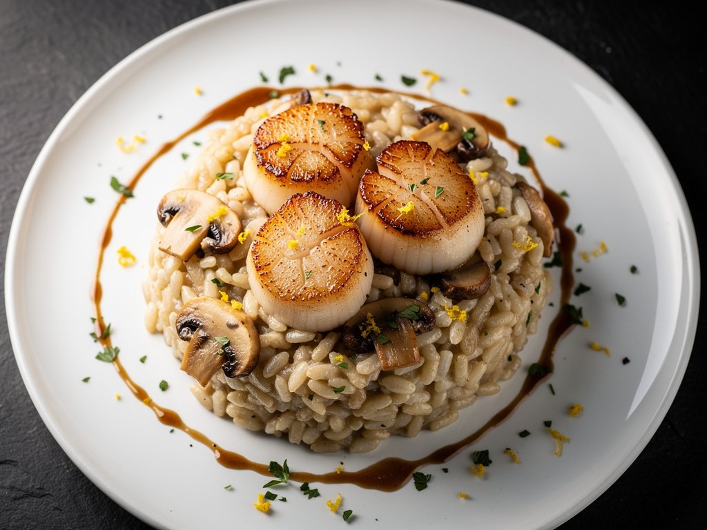 Pan-Seared Scallops with Truffle Mushroom Risotto and Brown Butter Sauce