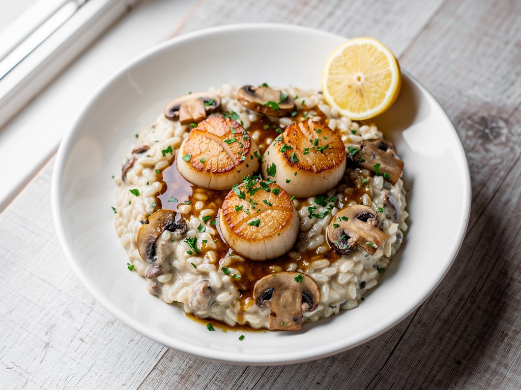 Pan-Seared Scallops with Truffle Mushroom Risotto and Brown Butter Sauce