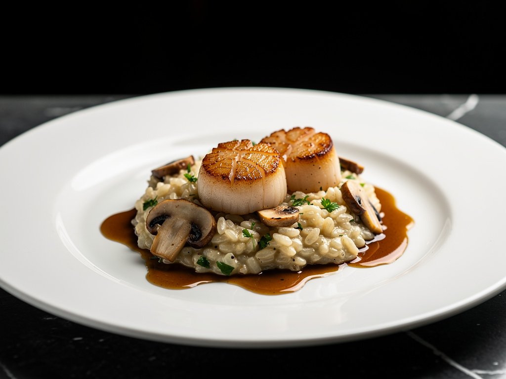 Pan-Seared Scallops with Truffle Mushroom Risotto and Brown Butter Sauce