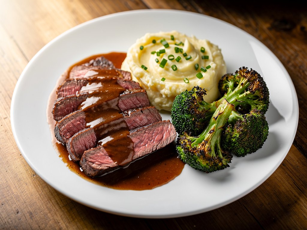 Pan-Seared Sirloin with Roasted Garlic Sauce, Mashed Potatoes, and Broccoli