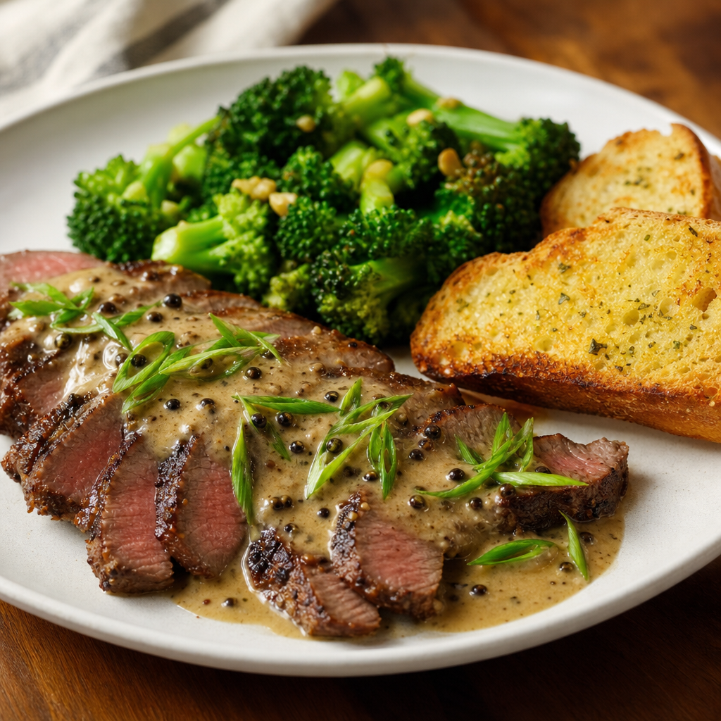 Pan-Seared Steak with Creamy Crushed Peppercorn Gravy, Broccoli and Garlic Ciabatta