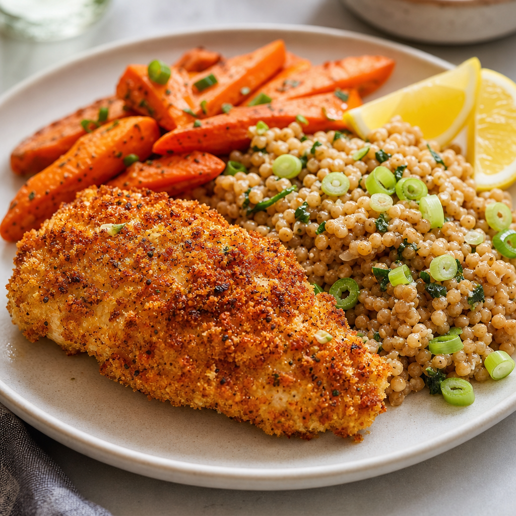 Paprika Parmesan-Crusted Chicken with Israeli Couscous and Lemon Roasted Carrots