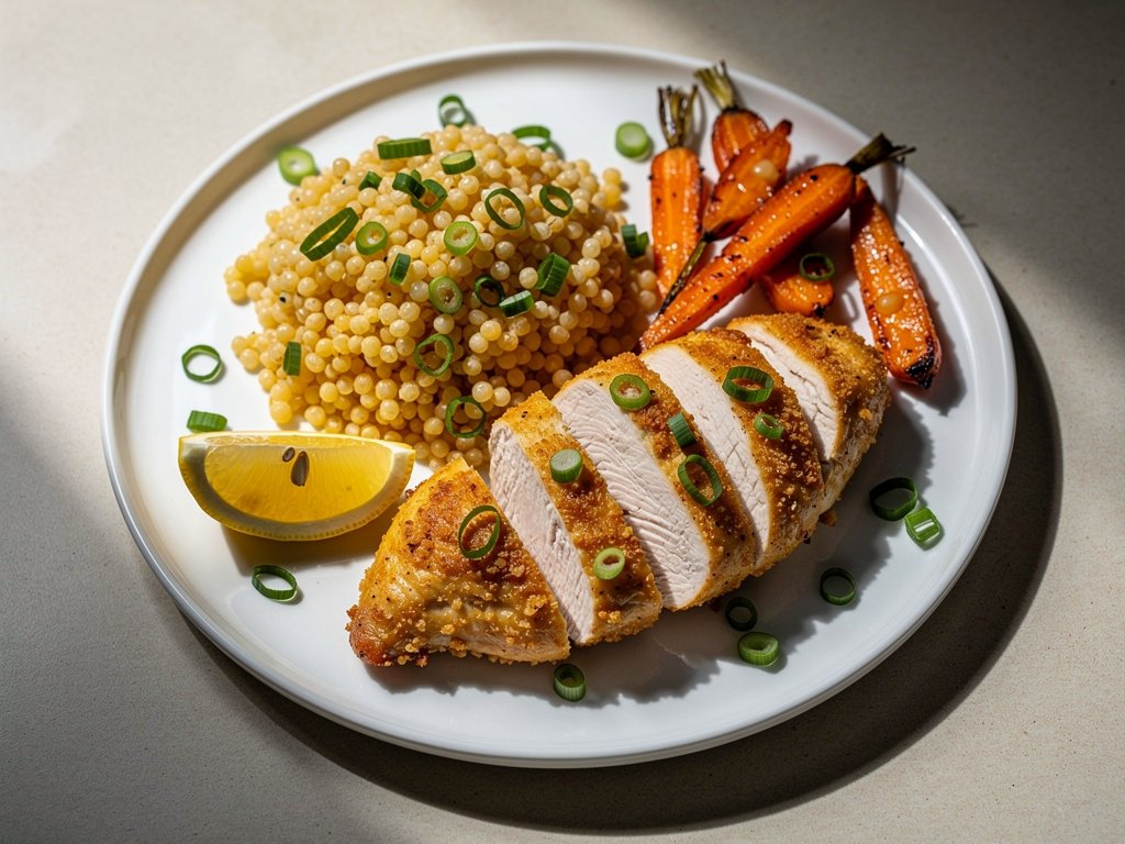 Parmesan Crusted Chicken with Lemon Herb Couscous and Roasted Carrots