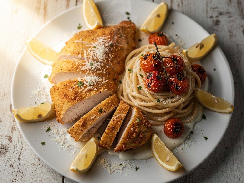 Parmesan Crusted Chicken with Creamy Lemon Tomato Linguine