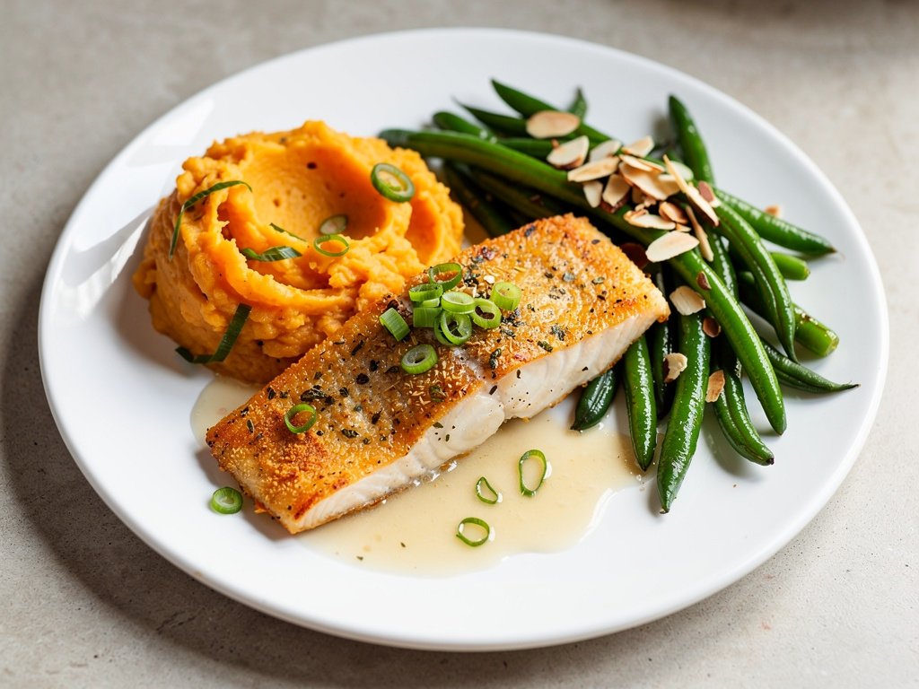 Parmesan-Crusted Trout with Scallion Mashed Sweet Potatoes and Green Beans Amandine