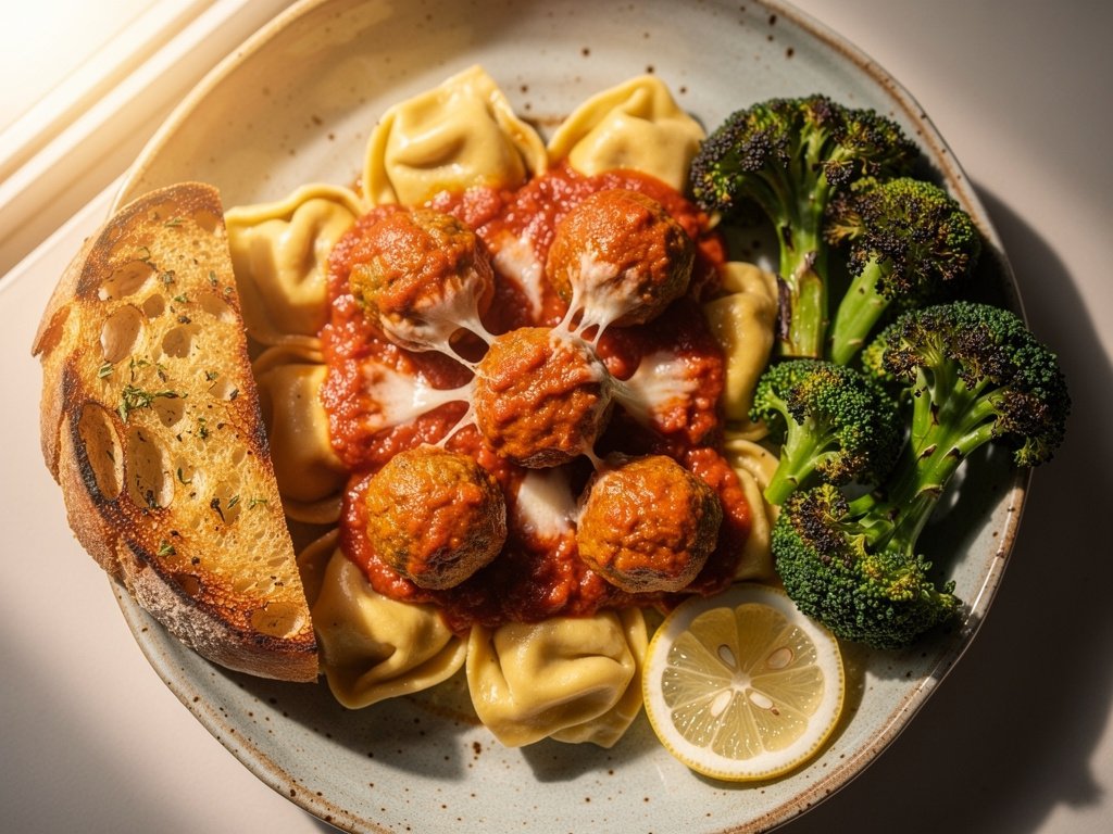 Parmesan Pork Meatballs with Buttered Tortelloni and Lemony Broccoli