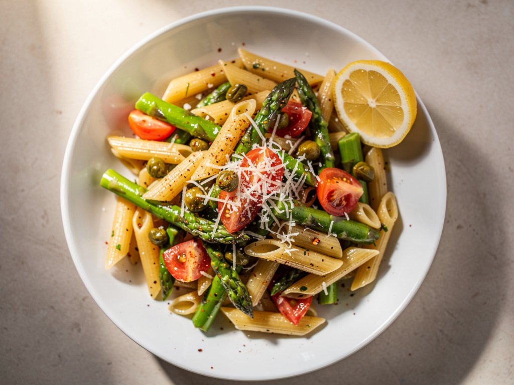 Pasta with Asparagus, Tomatoes, and Crispy Capers