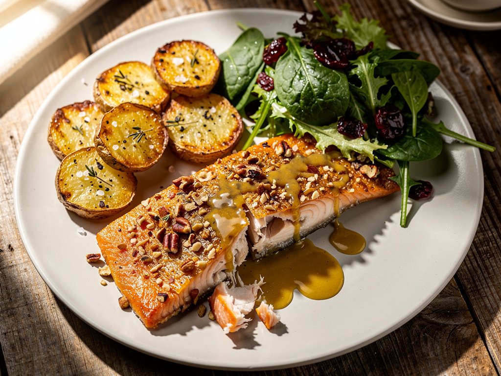 Pecan-Crusted Steelhead Trout with Roasted Potatoes and Cranberry Salad