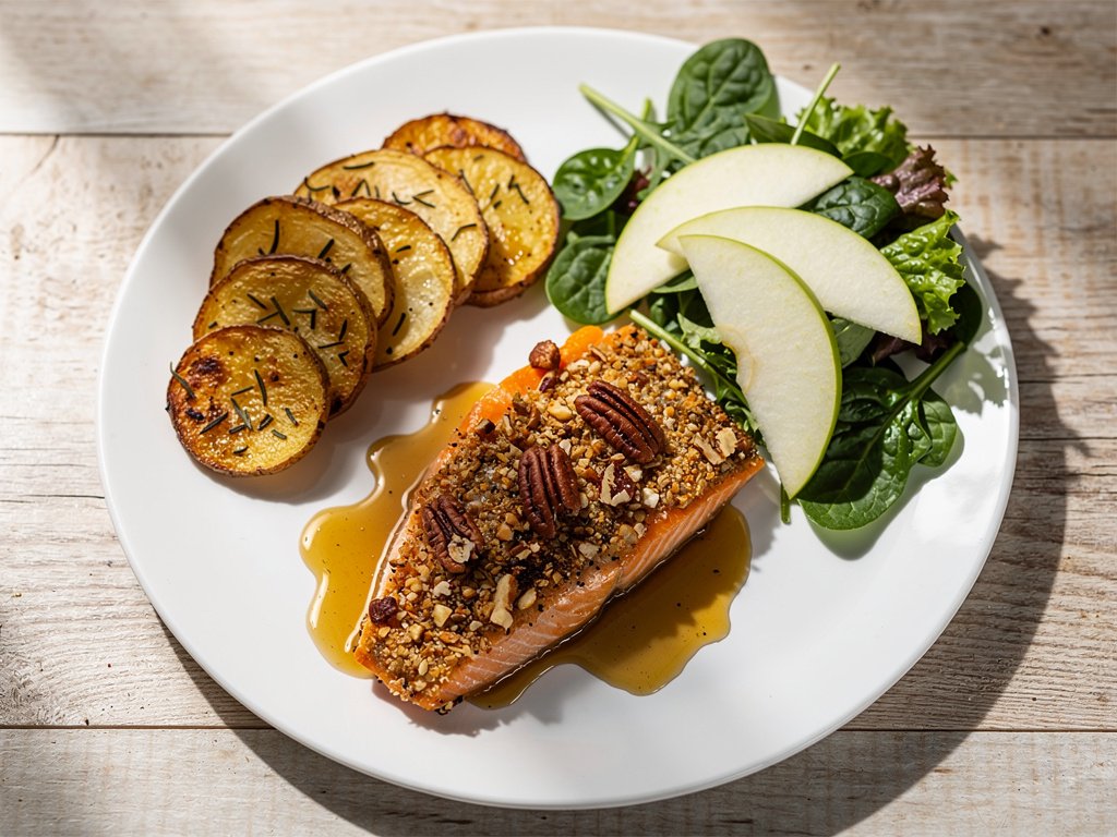 Pecan-Crusted Steelhead Trout with Thyme-Roasted Potatoes and Apple Salad