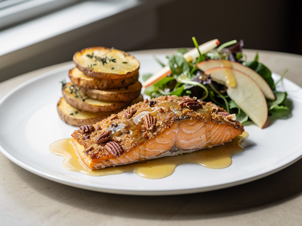 Pecan-Crusted Steelhead Trout with Thyme-Roasted Potatoes and Apple Salad