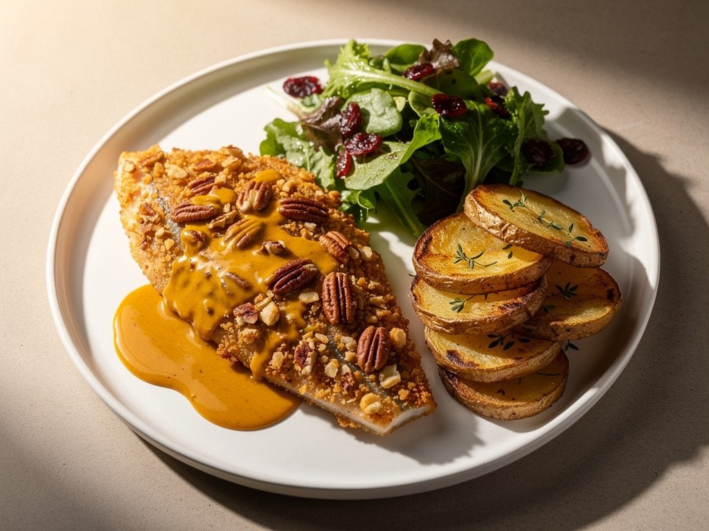 Pecan Crusted Trout with Cranberry Salad and Thyme Roasted Potatoes