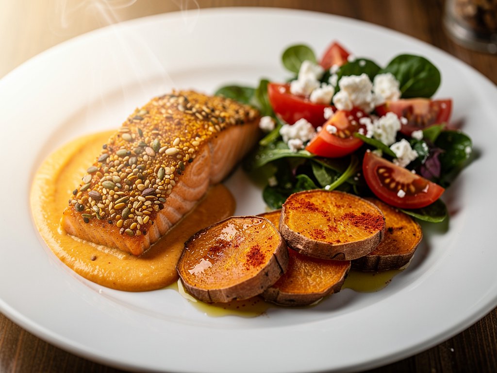Pepita-Crusted Salmon with Harissa Sweet Potatoes and Tomato-Feta Salad