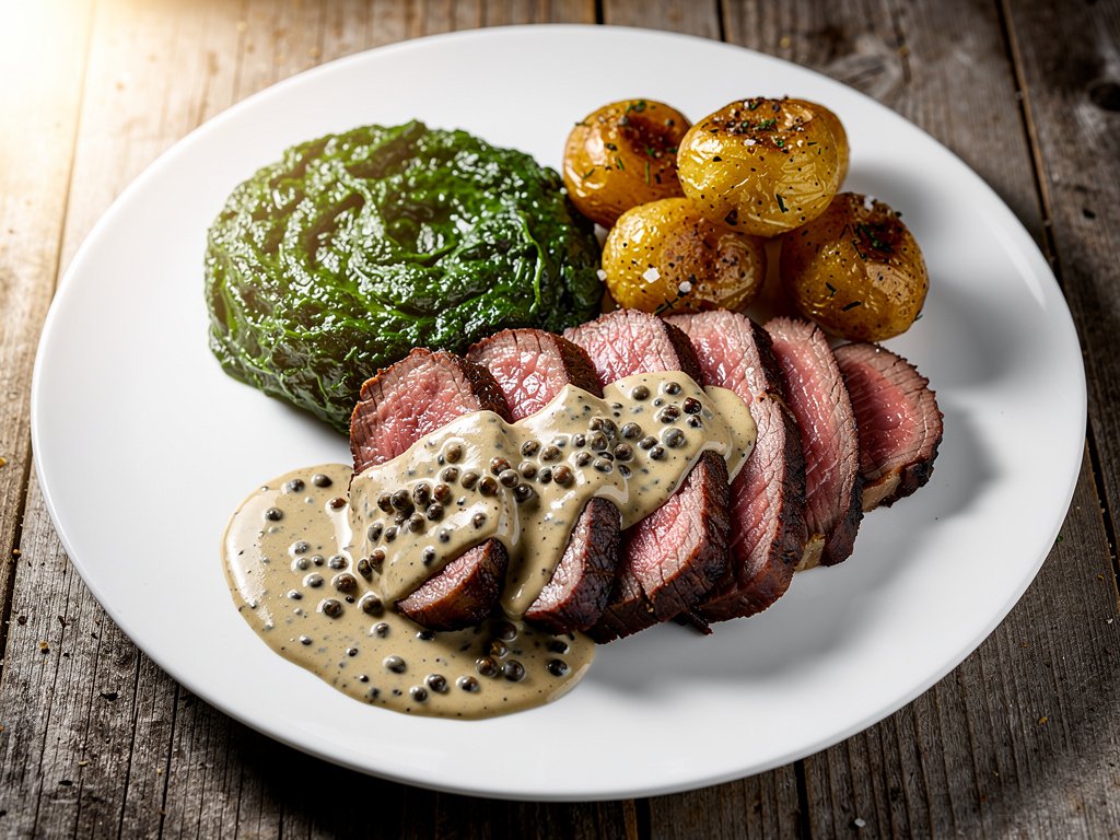 Peppercorn Steak with Roasted Baby Potatoes and Creamed Spinach