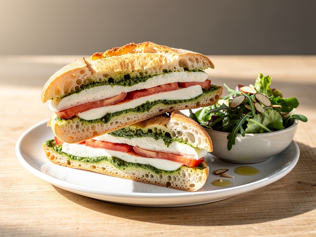 Pesto Caprese Ciabatta Sandwiches with Balsamic Almond Salad