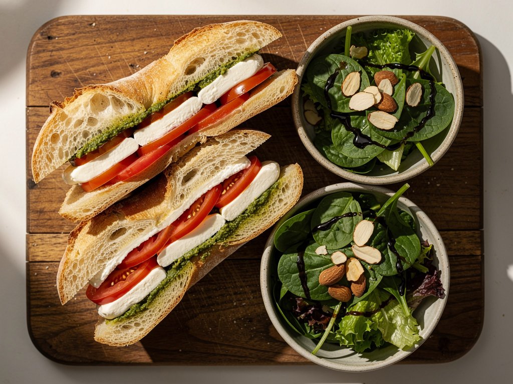Pesto Caprese Sandwich with Almond Green Salad