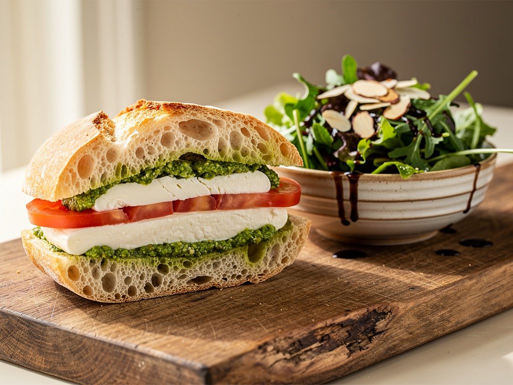 10-Minute Pesto Caprese Sandwich with Balsamic Almond Salad