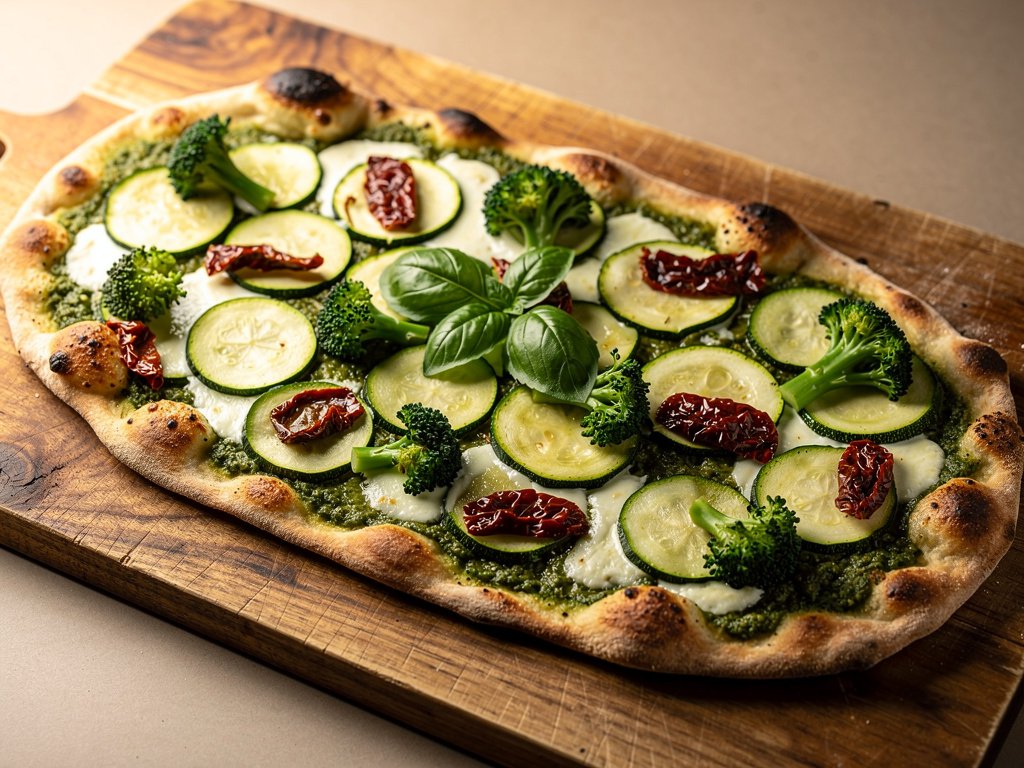 Pesto Flatbread Pizza with Zucchini, Baby Broccoli & Sun-Dried Tomatoes