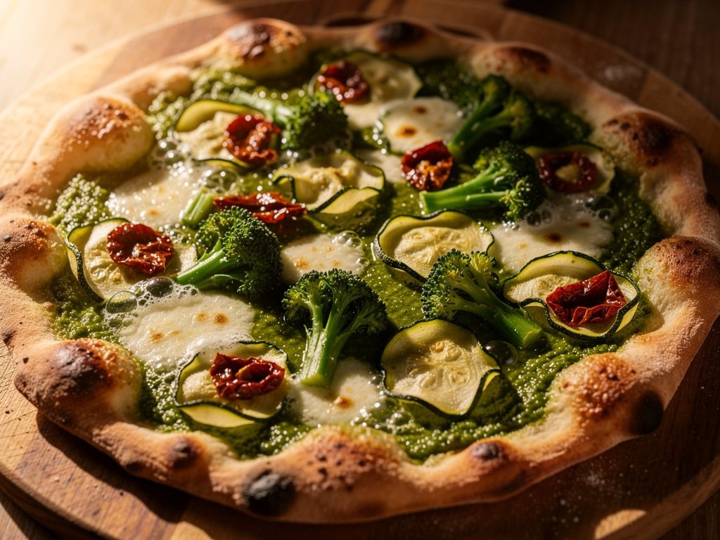 Pesto Flatbread with Zucchini, Baby Broccoli, and Sun-Dried Tomatoes