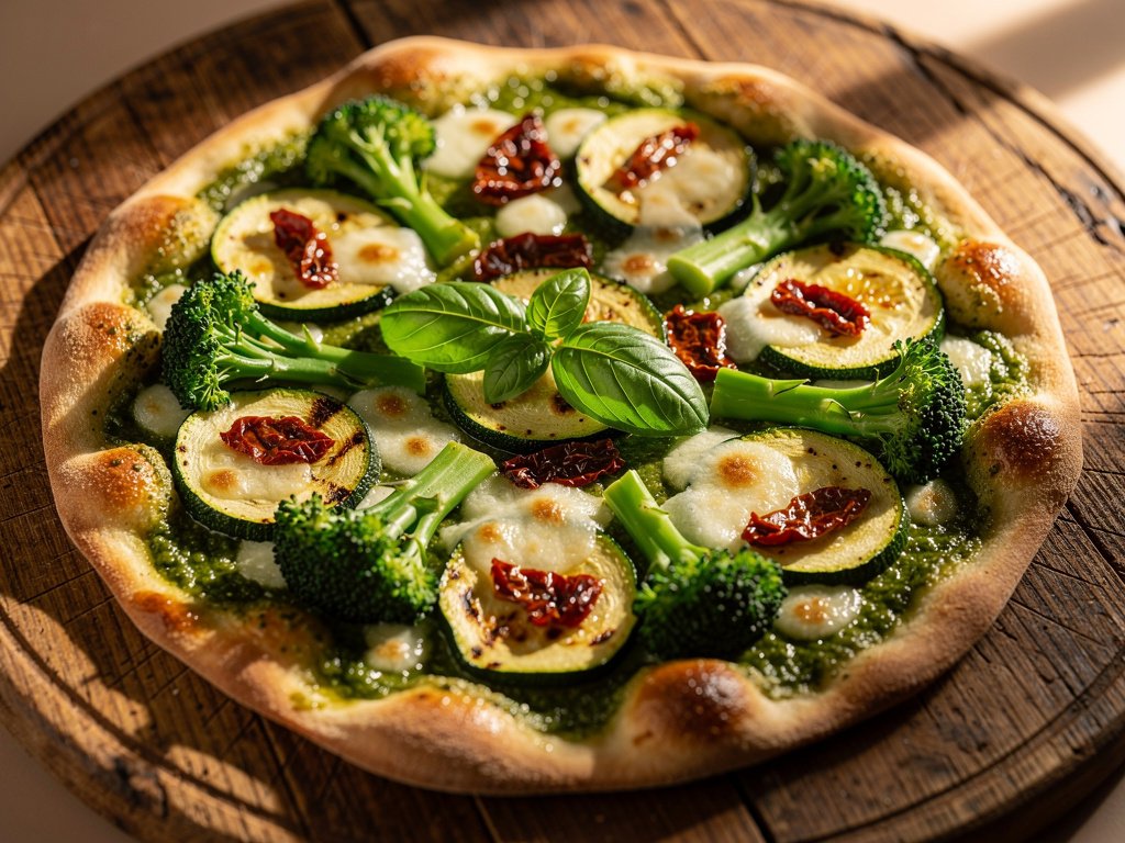 Pesto Flatbread with Zucchini, Baby Broccoli, and Sun-Dried Tomatoes