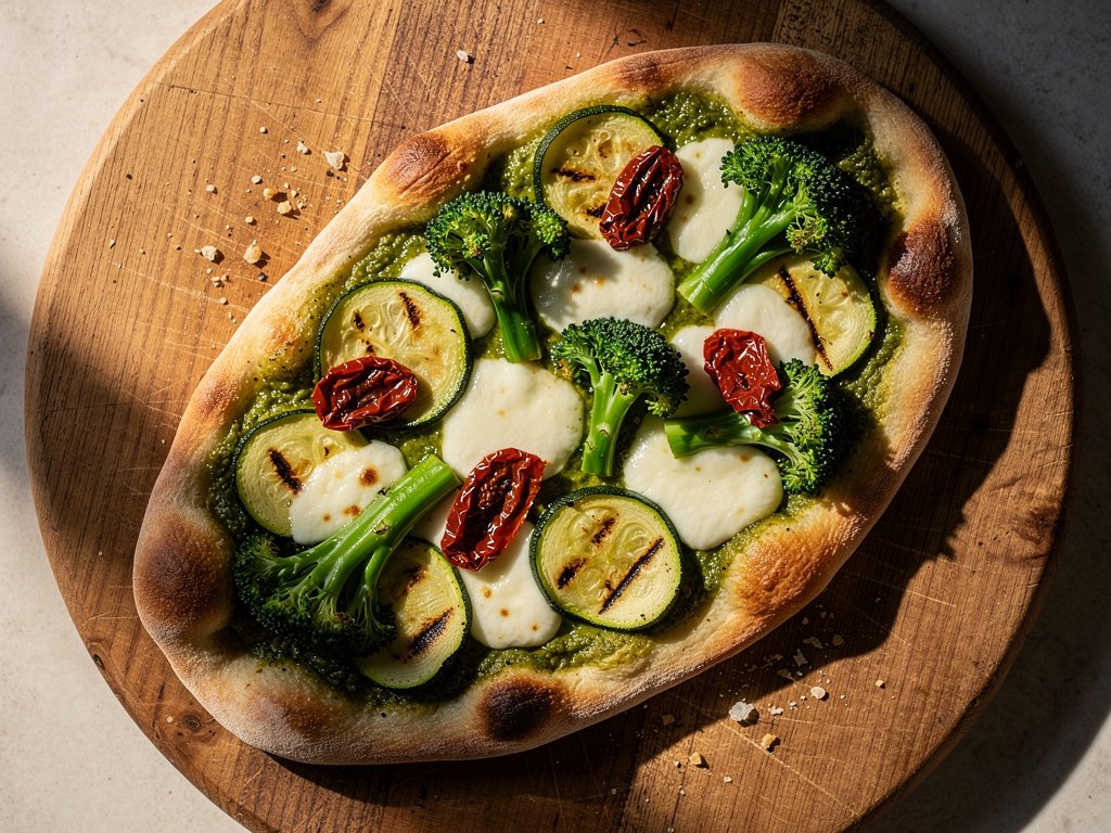 Pesto Flatbread with Zucchini, Baby Broccoli & Sun-Dried Tomatoes