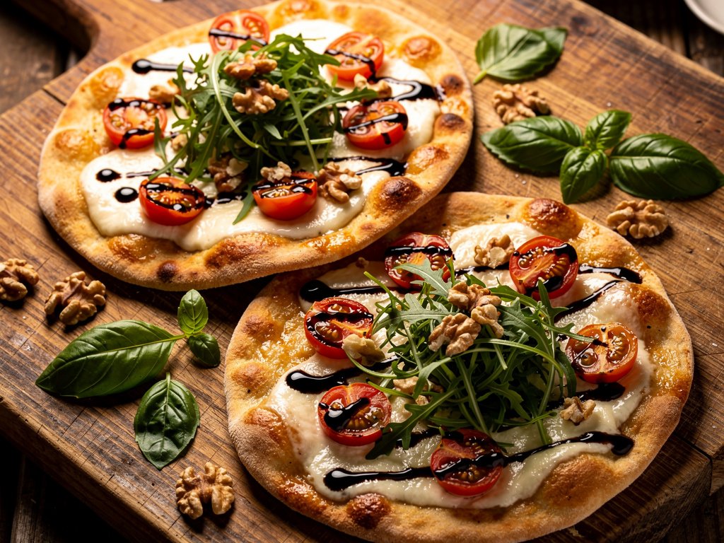 Pesto Mozzarella Flatbreads with Balsamic Arugula Salad