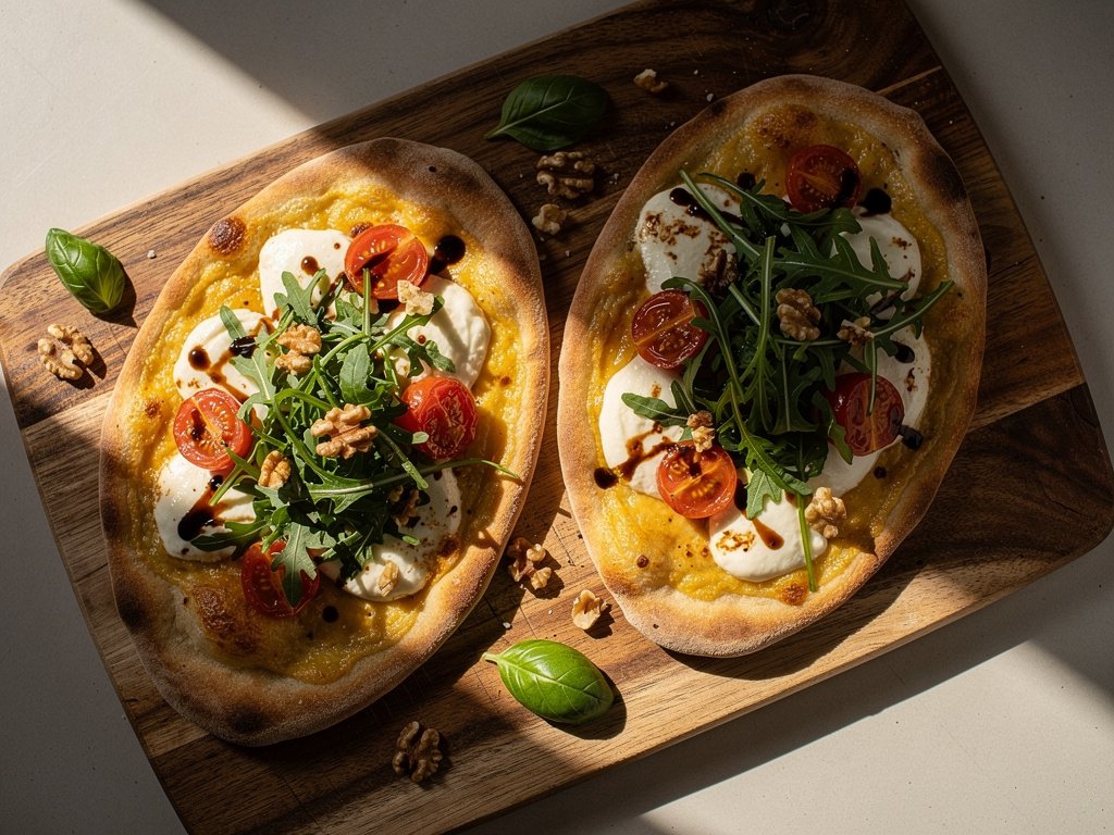 Pesto Mozzarella Flatbreads with Balsamic Arugula and Walnuts