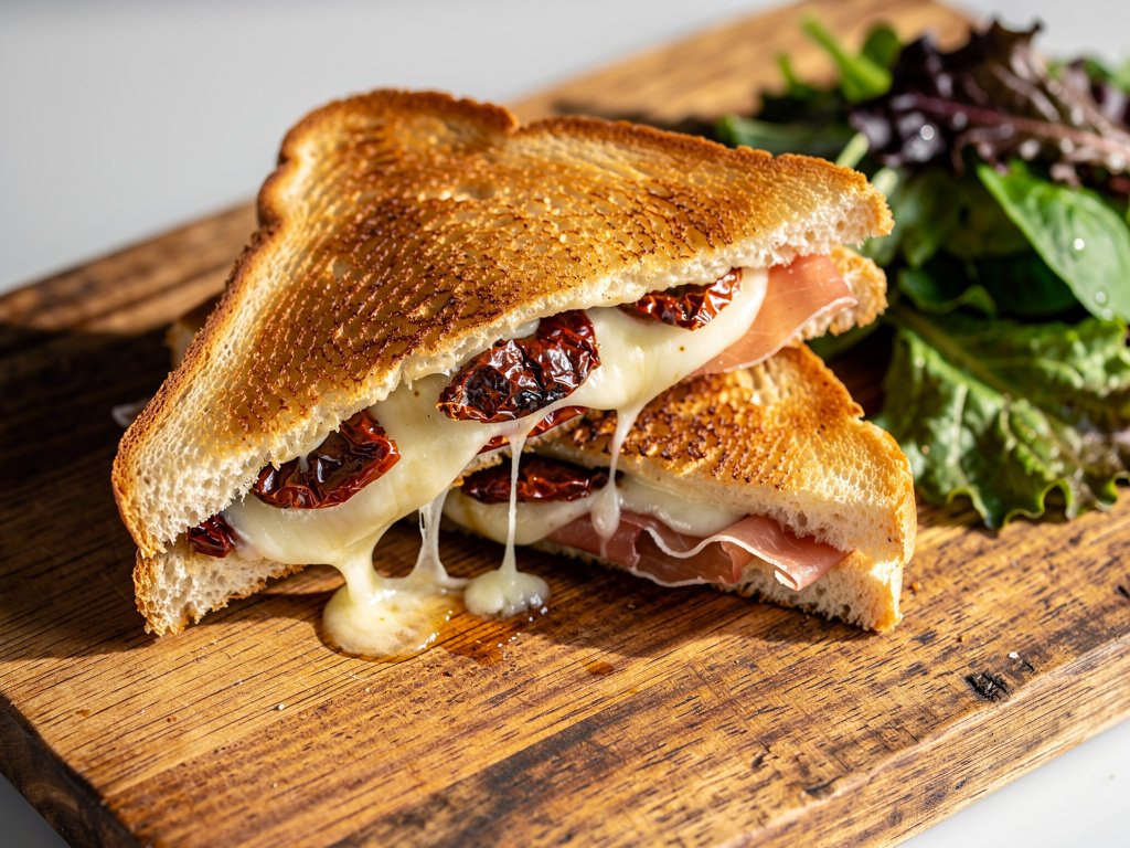 Crispy Pesto Grilled Cheese with Prosciutto and Sun-Dried Tomatoes