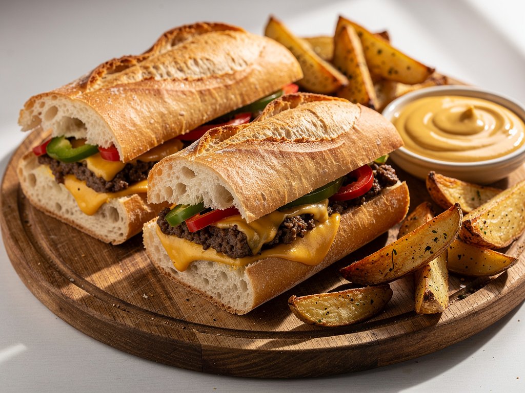 Philly-Style Beef Melts with Crispy Potato Wedges and Creamy Mustard Dipping Sauce
