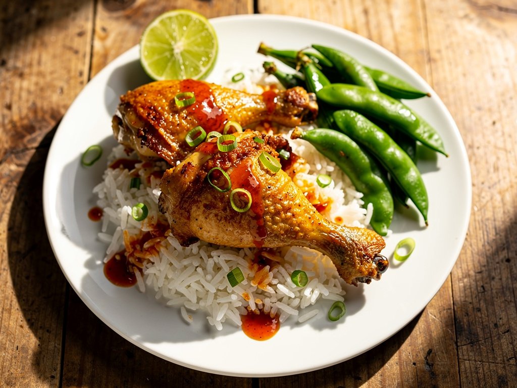 Sweet and Spicy Pineapple Chipotle Chicken Legs with Scallion Butter Rice and Snap Peas