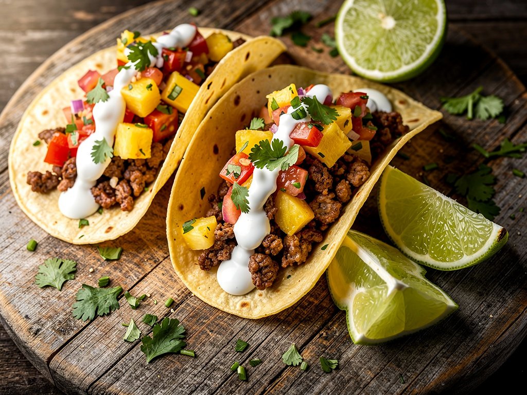 Sweet and Spicy Pineapple Poblano Beef Tacos with Lime Crema