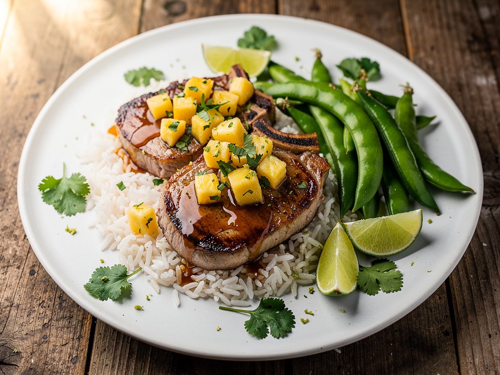 Sweet and Tangy Pineapple Pork Chops with Jasmine Rice and Snap Peas