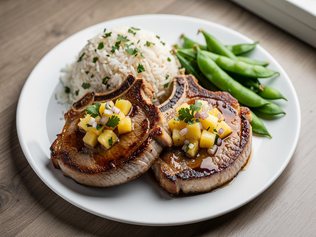 Sweet and Savory Pineapple Pork Chops with Jasmine Rice and Snap Peas
