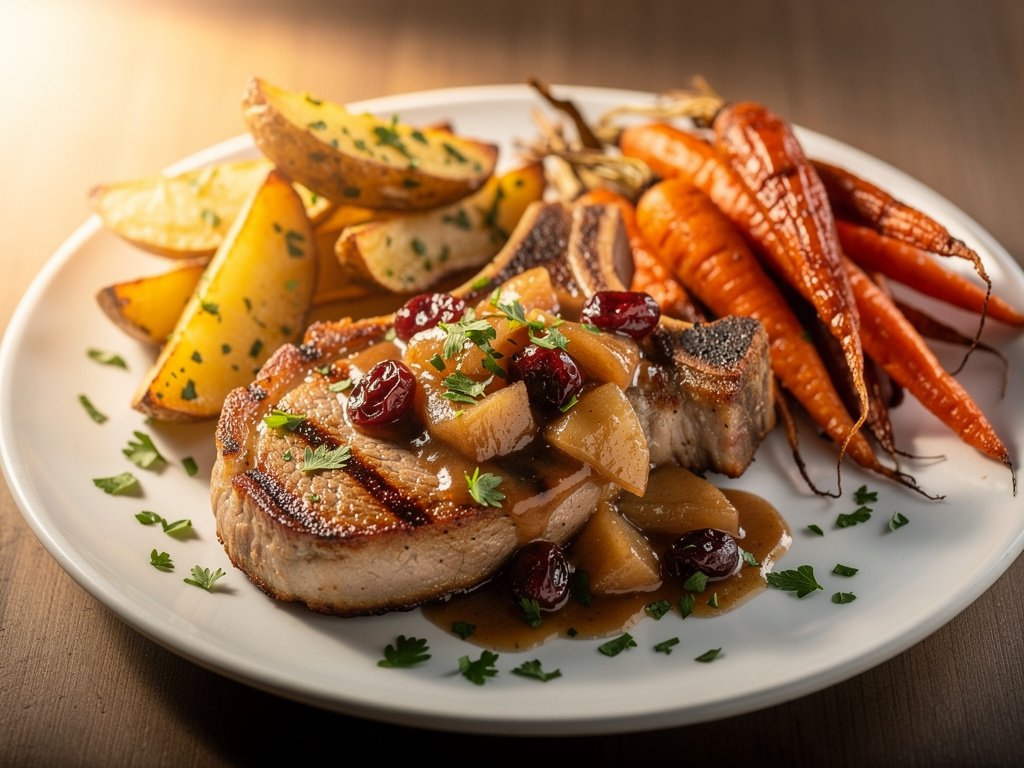 Pork Chops with Apple Cranberry Sauce and Roasted Vegetables