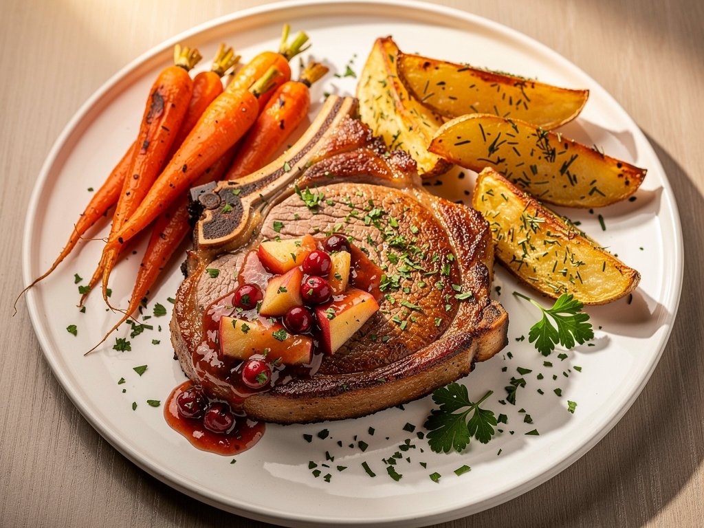 Pork Chops with Apple Cranberry Sauce and Roasted Vegetables