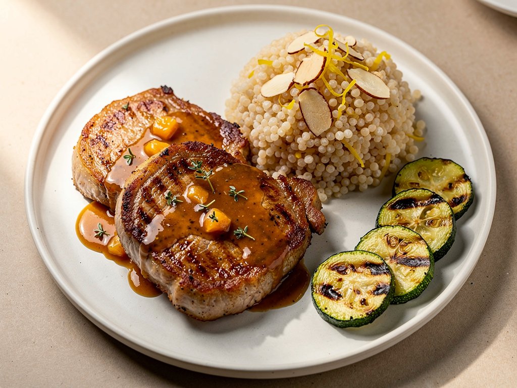 Pan-Seared Pork Cutlets with Peach Thyme Sauce and Almond Couscous