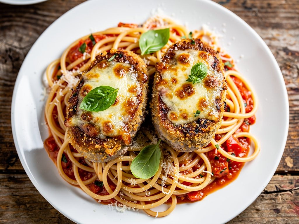 Pork Meatloaf Parm over Spaghetti Marinara