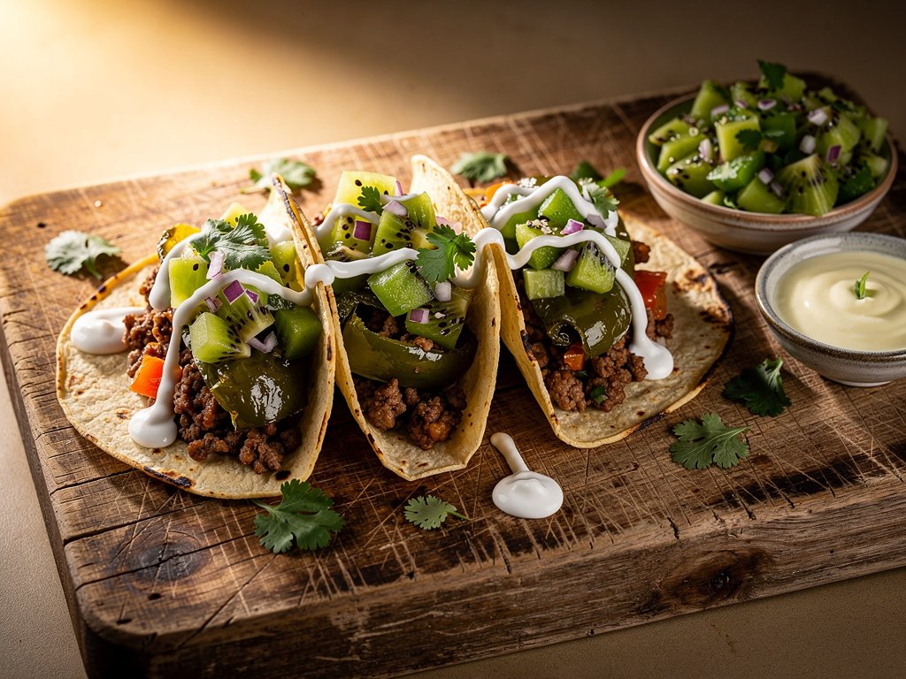 Savory Pork and Poblano Tacos with Kiwi Salsa and Lime Crema