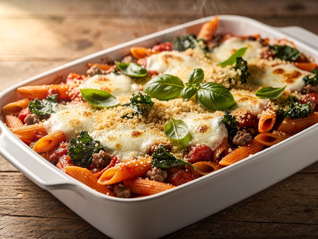 Pork Ragu Pasta Bake with Kale and Mozzarella
