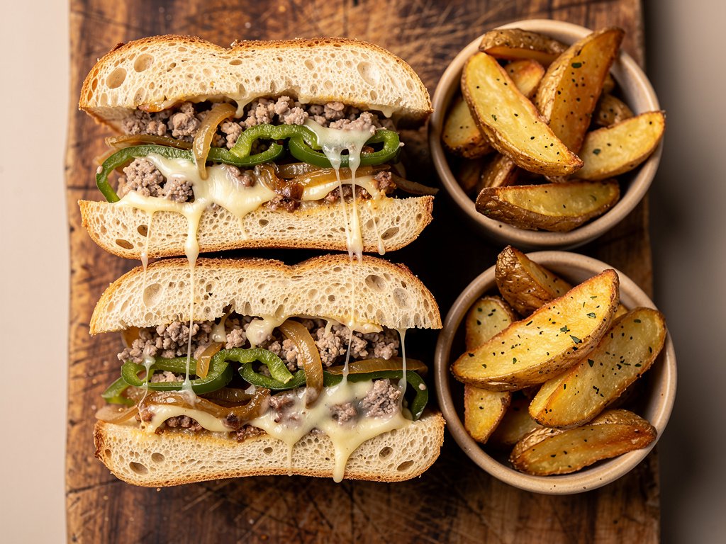 Loaded Pork Sausage and Pepper Hero Sandwiches with Garlic Potato Wedges