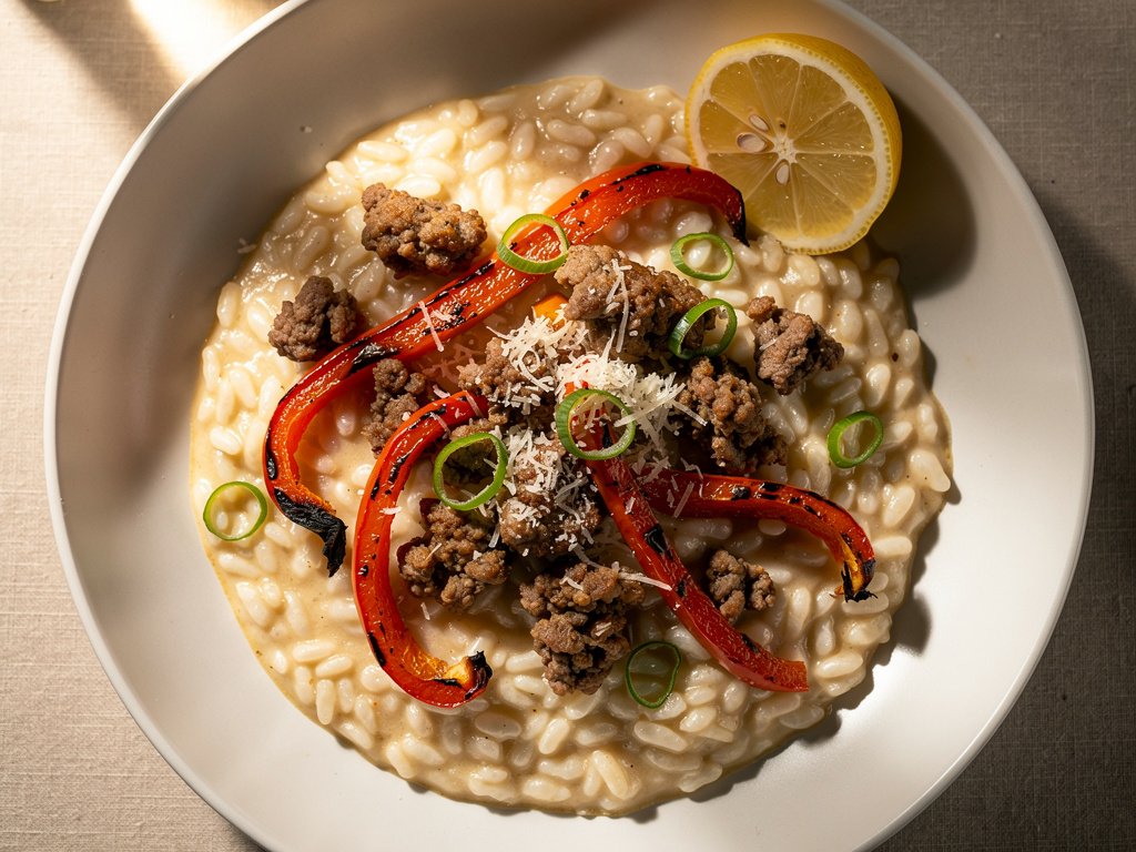 Hearty Pork Sausage and Roasted Bell Pepper Risotto with Parmesan