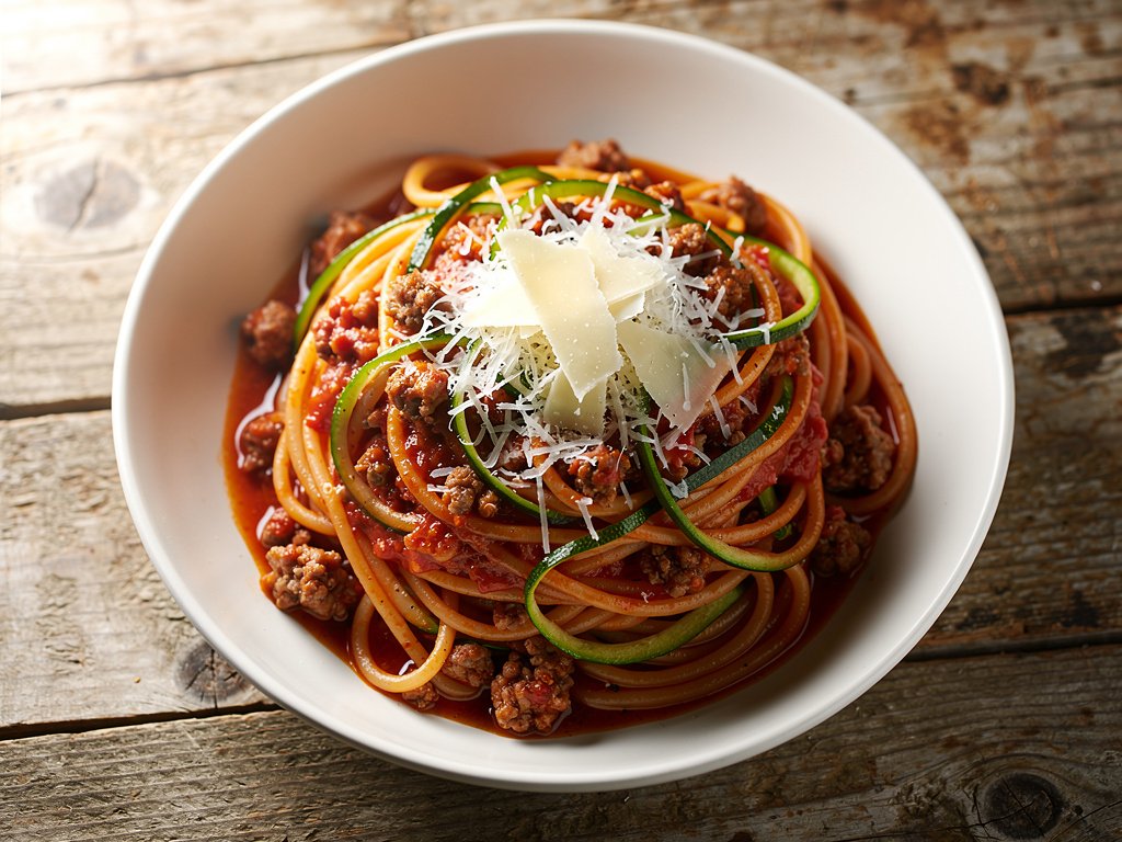 Pork Sausage Spaghetti Bolognese with Zucchini Ribbons and Parmesan