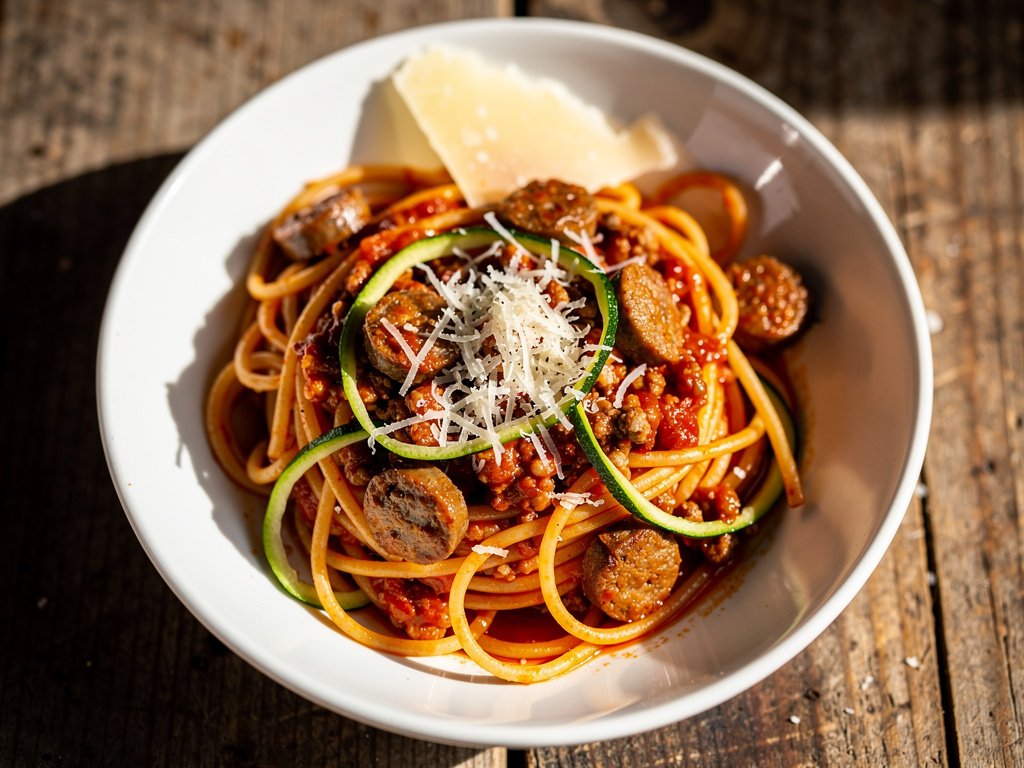 Pork Sausage Spaghetti Bolognese with Zucchini Ribbons and Parmesan