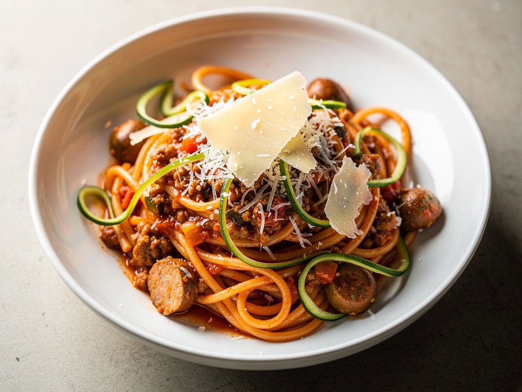 Pork Sausage Spaghetti Bolognese with Zucchini Ribbons