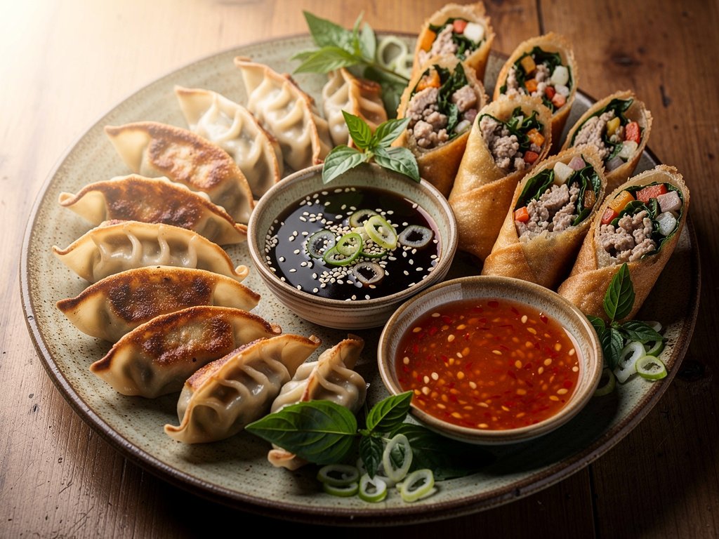 Pork and Shiitake Gyoza with Thai Basil Chicken Spring Rolls