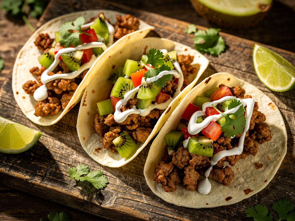 Pork Tacos with Kiwi Salsa and Lime Crema