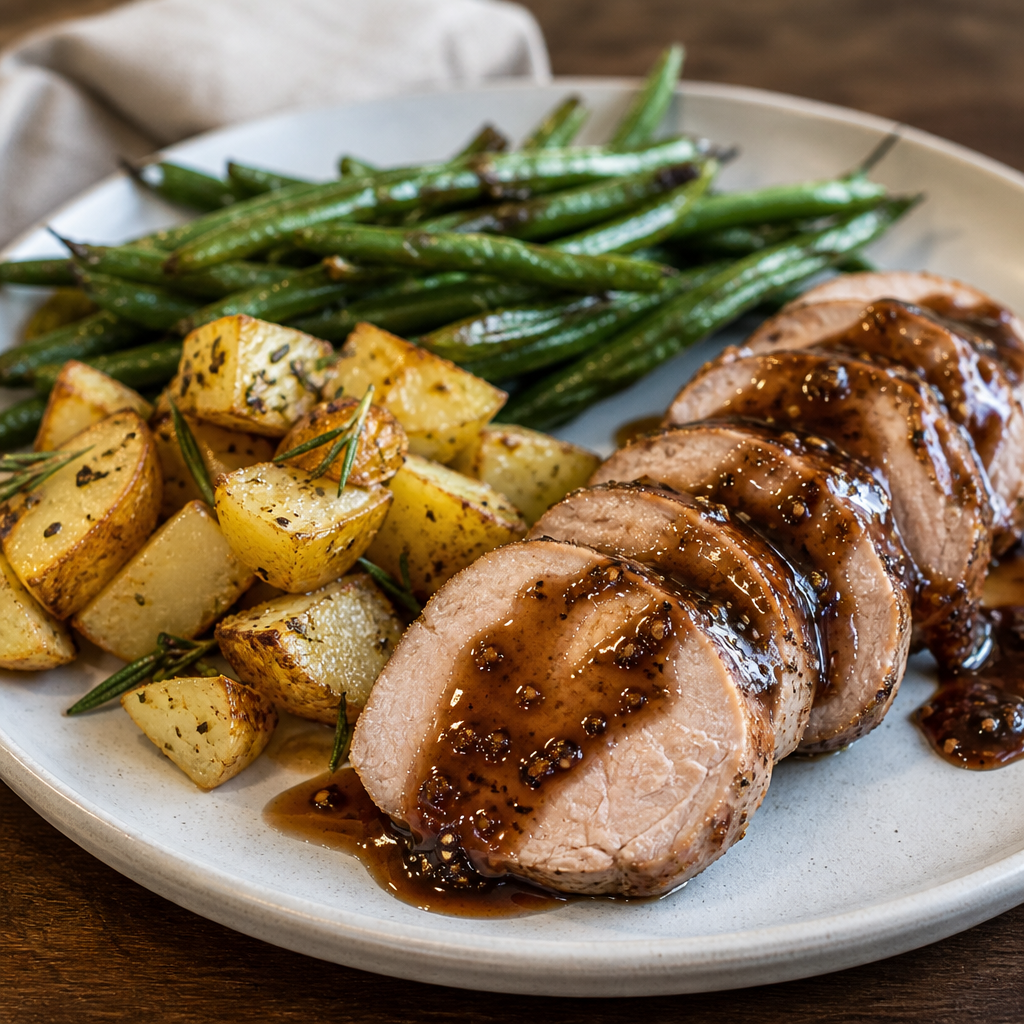 Pork Tenderloin with Fig-Balsamic Sauce, Rosemary Potatoes, and Green Beans