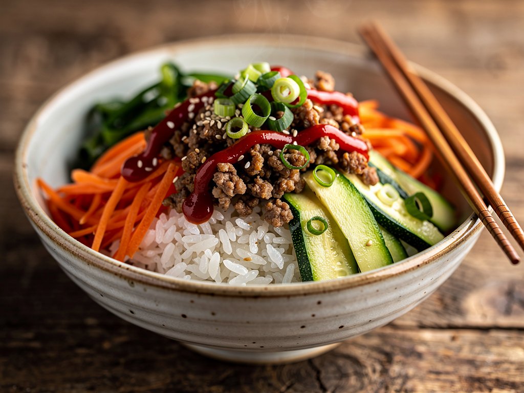 Pork and Zucchini Bibimbap with Gochujang Sauce