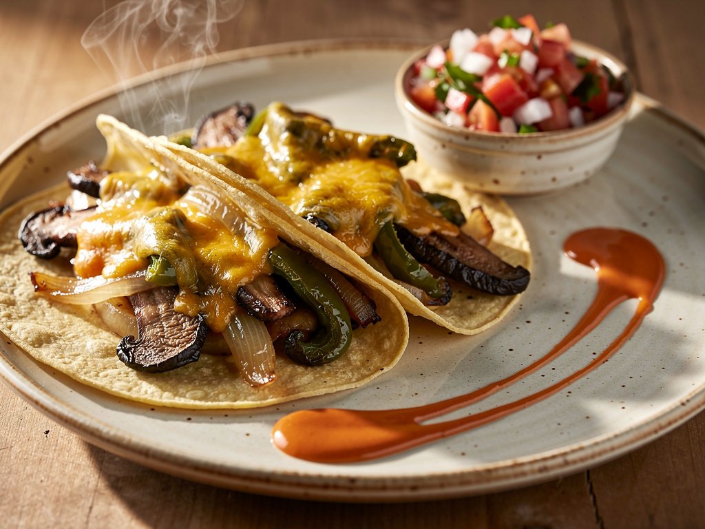 Portobello Mushroom and Poblano Fajitas with Pico de Gallo and Smoky Red Pepper Crema