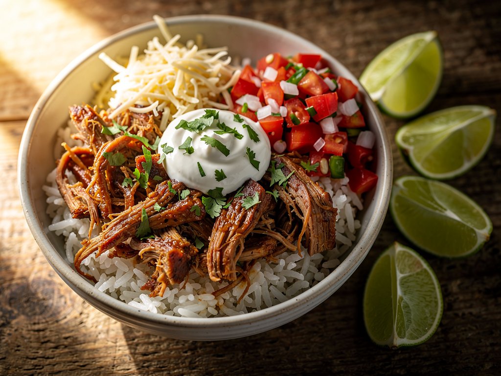 20-Minute Pulled Pork Burrito Bowls with Tomato Salsa and Monterey Jack