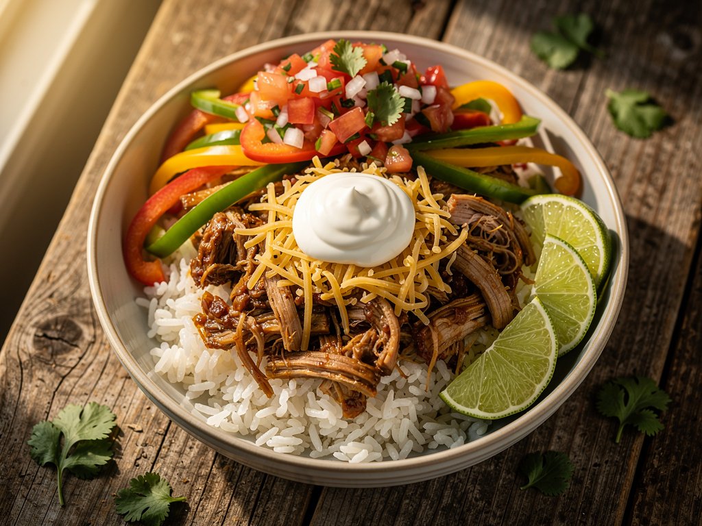 20-Minute Pulled Pork Burrito Bowls with Fresh Tomato Salsa